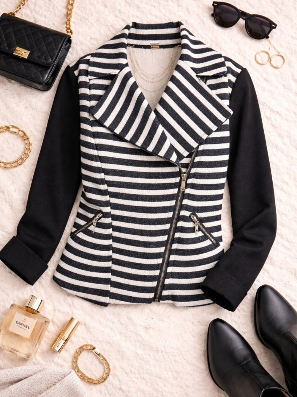 Rachel Zoe Striped Moto Jacket – Size Small, Asymmetrical Zip, Textured Contrast